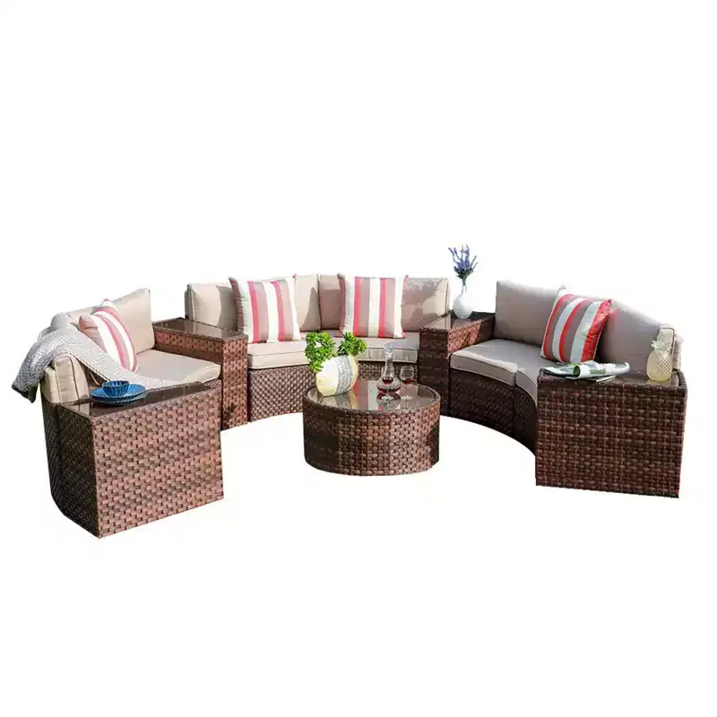 Sunsitt 11pc Outdoor Patio Half Moon Wicker Sofa with 4 Side Table and Pillows Brown