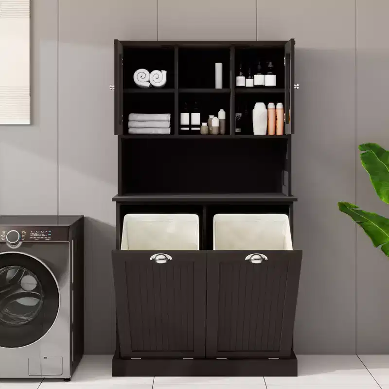Bathroom Cabinet with Laundry Basket, Tilt Out Laundry Hamper Cabinet, Freestanding Kitchen Pantry Storage Cabinet For Bathroom Living Room