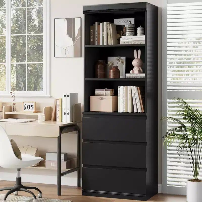 COZONY 70 Tall Bookcase with 3 Drawers & 3 Open Shelves - Modern Wooden Storage Cabinet for Living Room, Office