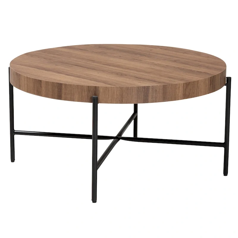 Modern Industrial Walnut Brown Finished Wood and Black Metal Coffee Table