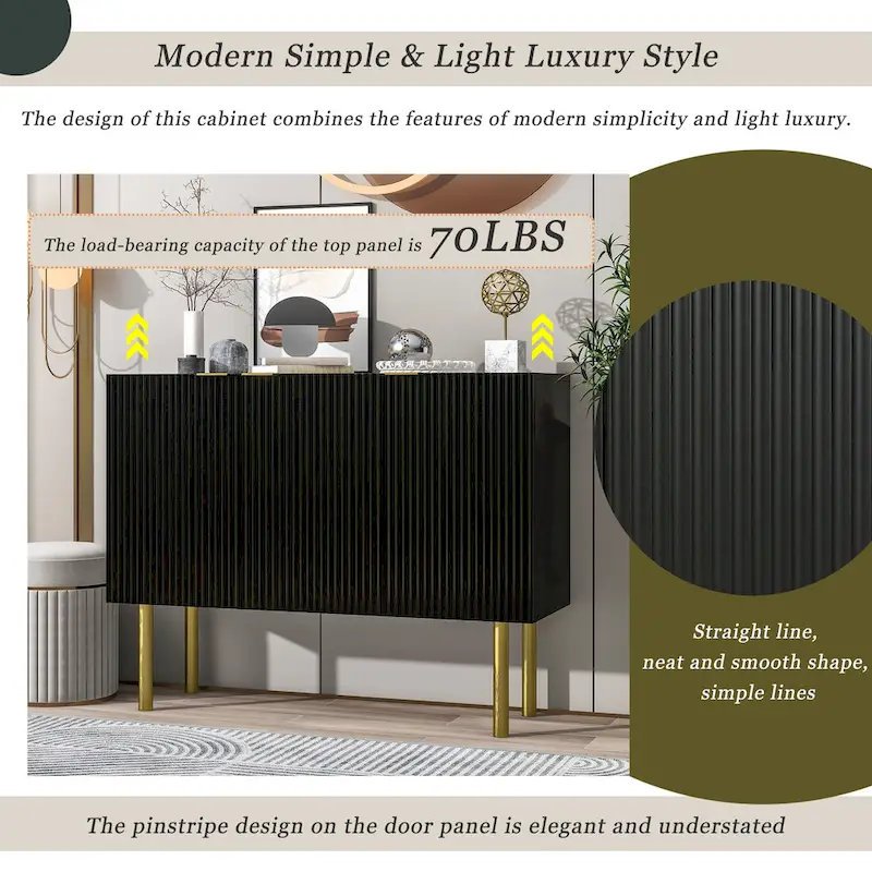 Sideboard Cabinet with Gold Metal Legs, Handles and Adjustable Shelves - 47L x 16.5W x 35.5H