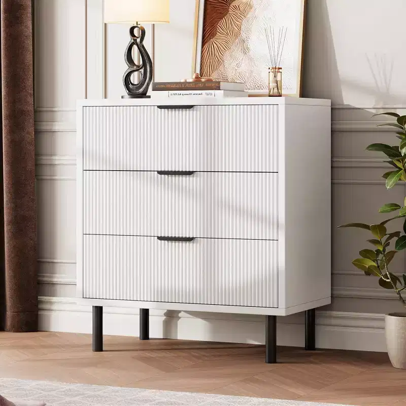 Dresser, Chest of Drawers - 29.9 Fluted 3-Drawer with Metal Legs & Anti-Tip Device, White Storage for Bedroom, Entryway