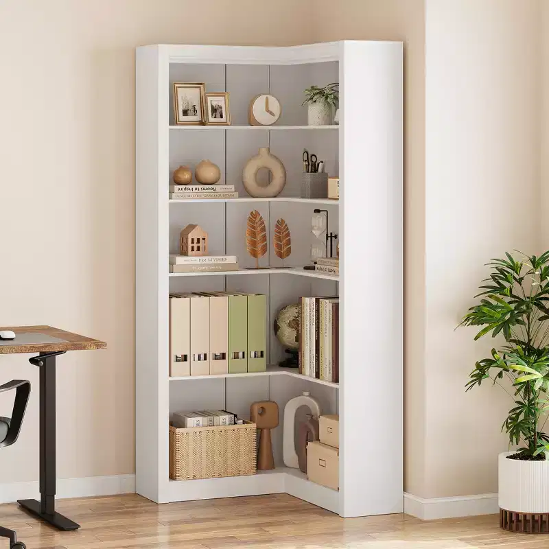 71.8'' Tall Corner Bookshelf, 5 Tier L-Shaped Bookshelf, Farmhouse Bookcases with Storage for Living Room Home Office,White