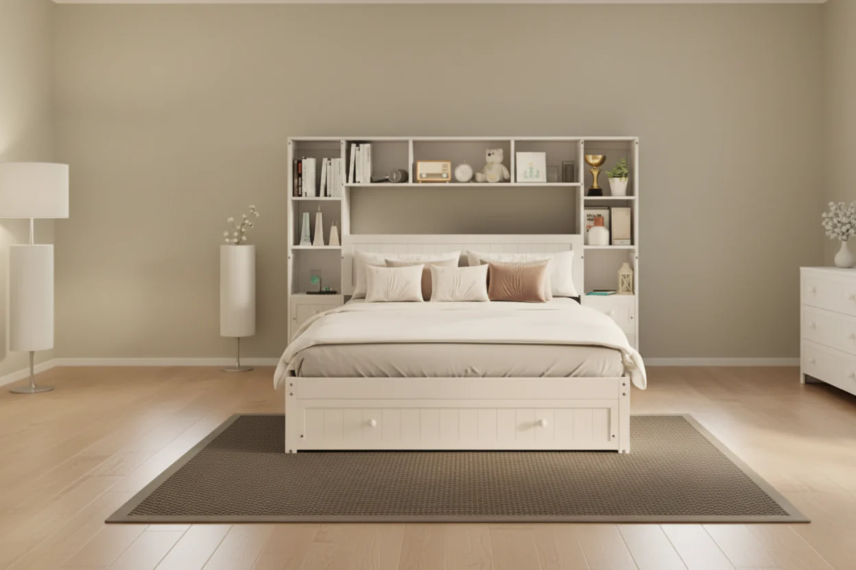 Full Size Pine Wood Platform Bed with Nightstands, Bookcase and Drawers – 90.8