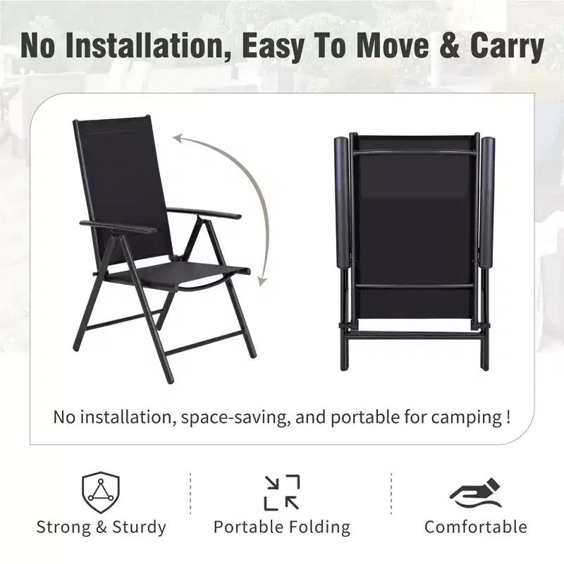 Captiva Designs 9pc Spacious Slat-top Square Metal Table with Umbrella Hole & Reclining Foldable Sling Chairs
