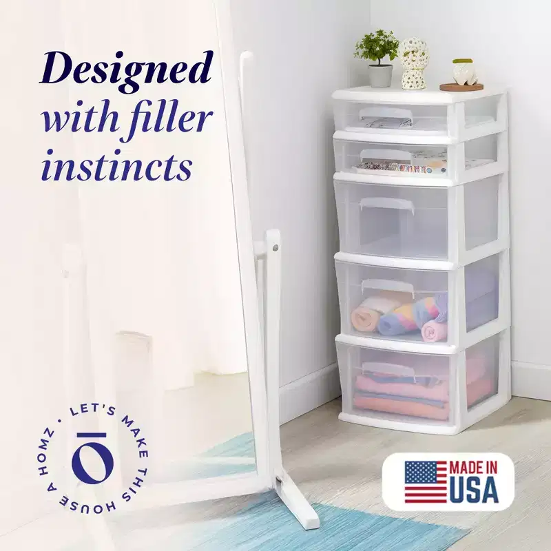 Homz Storage Cart, Medium 5 Drawer Plastic Container for Home and Office Organization, White Frame with Clear Drawers