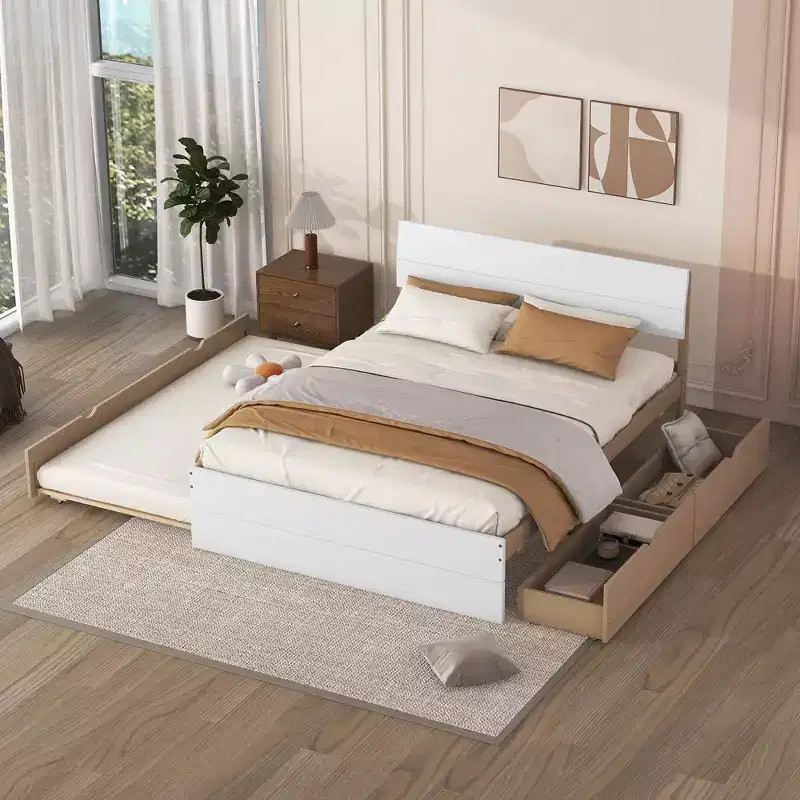 Modern Full Size Bed Frame With Twin Size Trundle And 2 Drawers, No Box Spring Needed, Platform Bed Frame For Bedroom, White+Oak