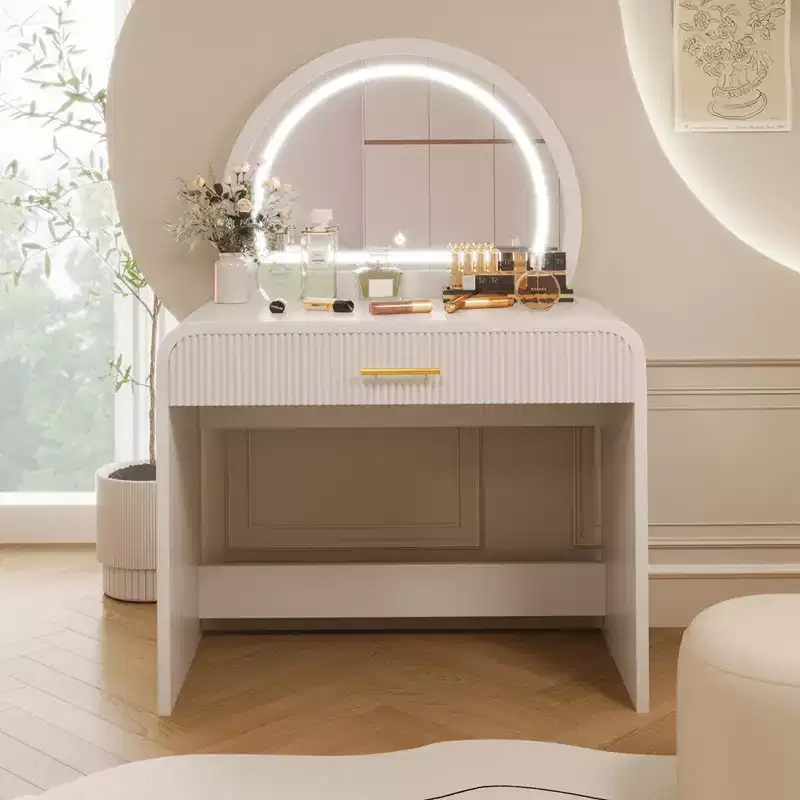 Makeup Vanity Table with Lighted Mirror, Bedroom Vanity Desk, Contemporary Vanity Set with Padded Stool, Dressing Table with Spacious Drawers