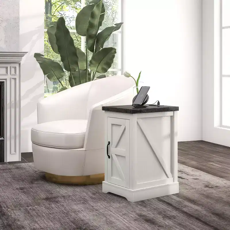 HOMCOM End Table with Charging Station and USB Ports, Farmhouse Side Table with Storage Cabinet for Living Room, Distressed White