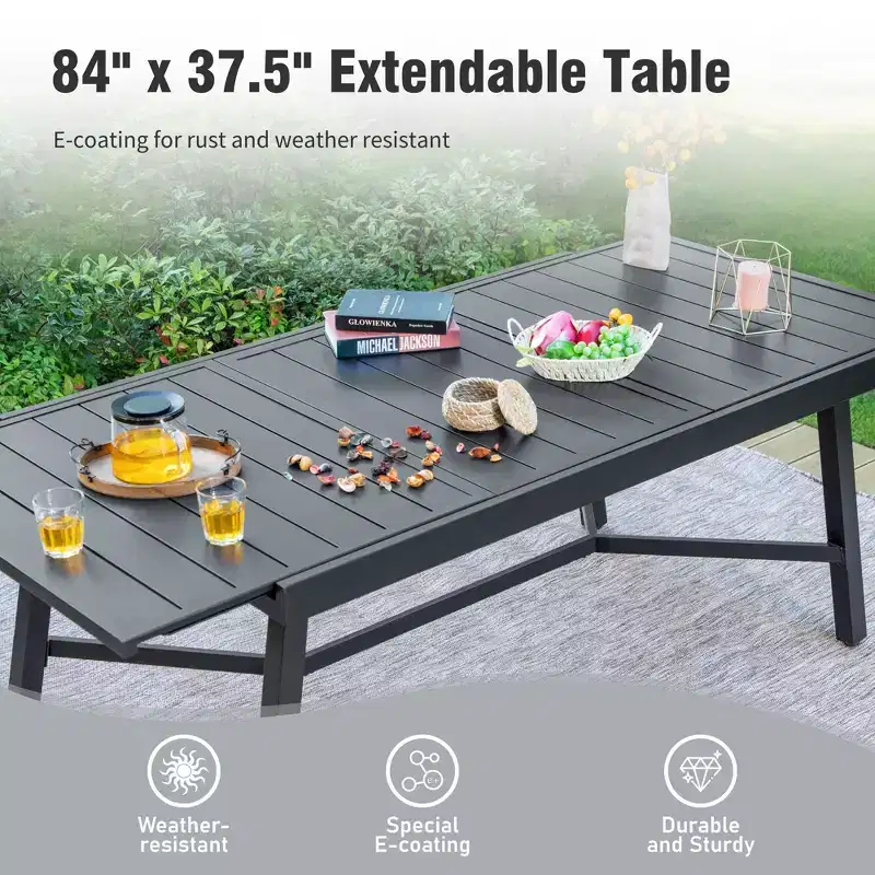 Captiva Designs 9pc Patio Slat-top Adjustable Steel Rectangle Table & Stylish Arm Chairs with Cushions
