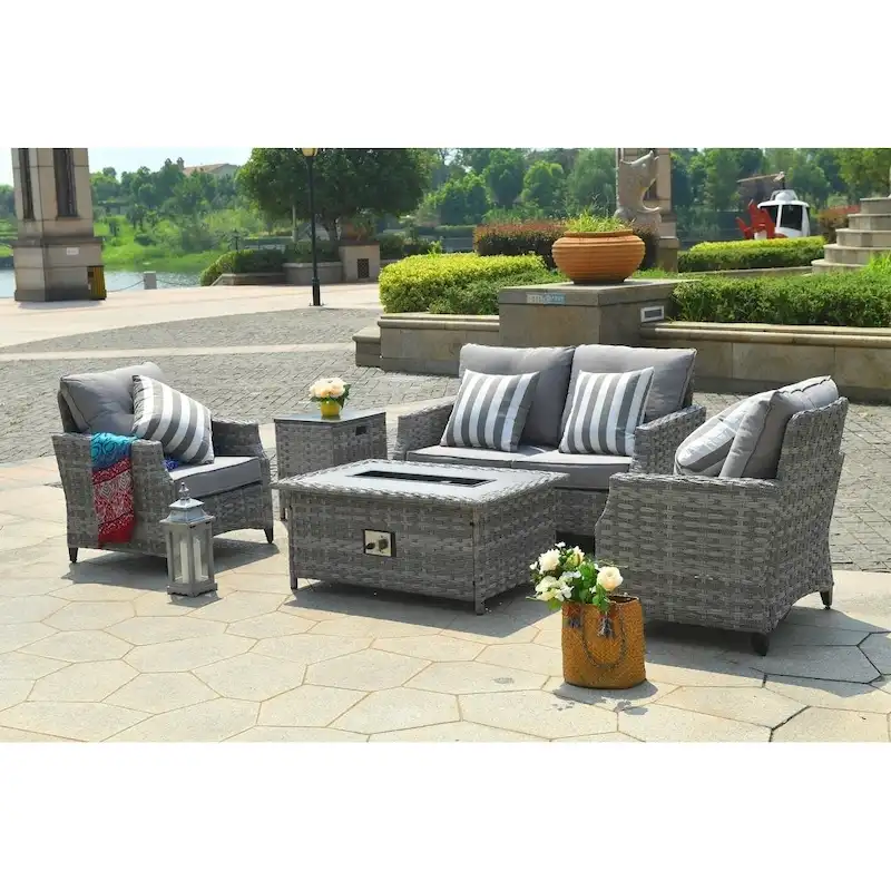 5-piece Patio Wicker Chat Set with Gas Fire Pit Table