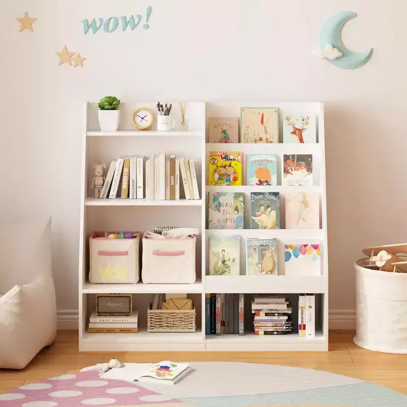 Kids Bookshelf and Toy Storage Organizer, 4-Tier Wooden Book Display Shelf for Playroom or Nursery, White