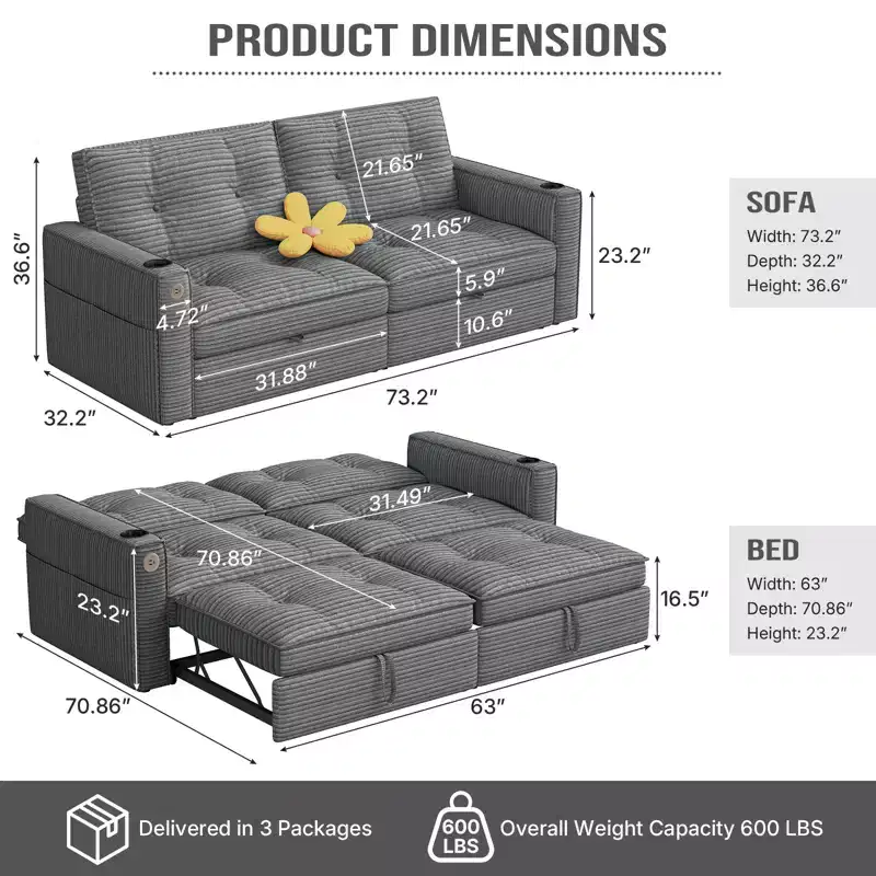 73 Queen Size Loveseat Sleeper Sofa w/ Pull Out Bed, Pockets and USB, Modern 2 Seater Convertible Small Couch for Living Room, Gray