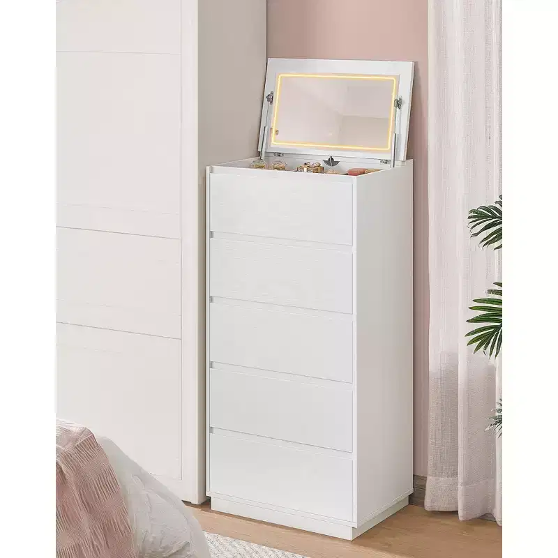 5-Drawer Dresser with Vanity Mirror and Touch Control Adjustable Lights, Modern Chest of Drawers for Bedroom, Sturdy Storage Furniture, Snow White