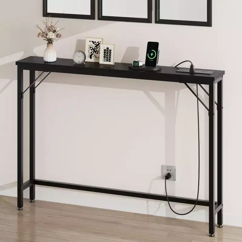 5.9 Narrow Sofa Table with Outlets, Skinny Console Table with Storage, Slim Behind Couch Table for Living Room, Entryway, Hallway, Foyer - Black