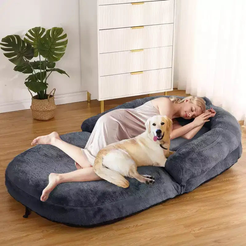 Convertible Human Dog Bed for Adults, 71x43x10 Large Nap Bed with Washable Removable Faux Fur Cover, Portable Lounger for Home