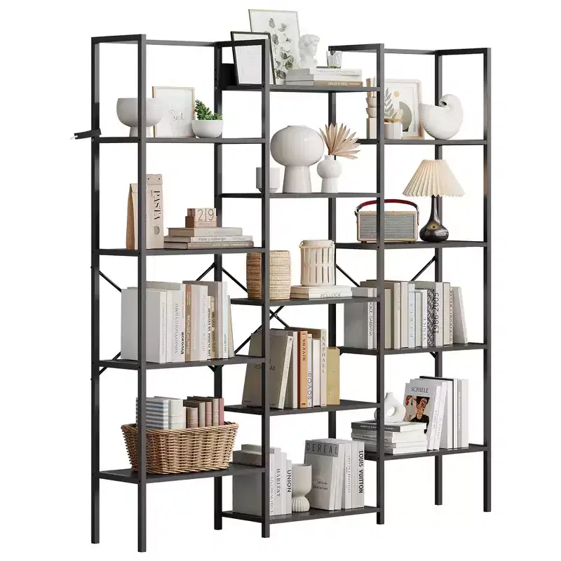 GustoWave 5 Tier Bookcases, Triple Wide Industrial Bookshelf, Steel Bookshelf, Display Storage Bookshelves