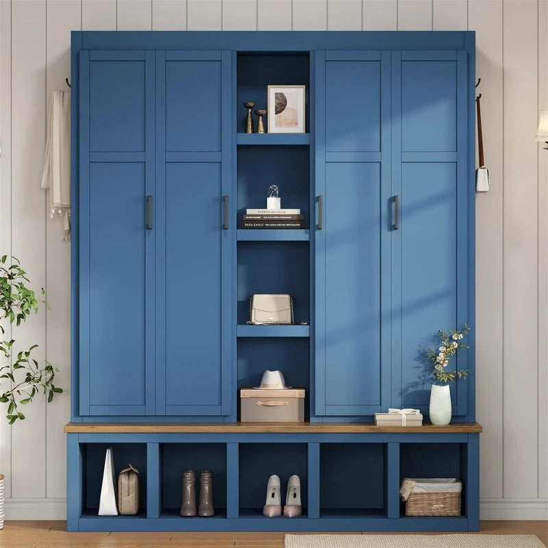 Farmhouse 4-in-1 Hall Tree with Open Display Shelves, Mudroom Shoe Bench with Open Compartments, Entryway Coat Rack with 6 Hooks