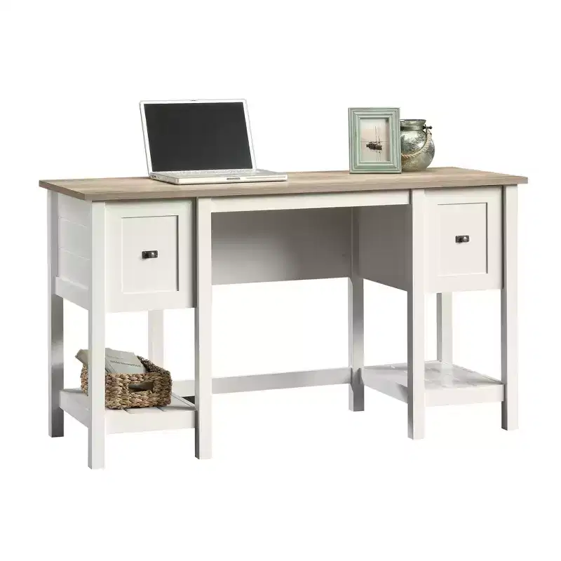 White Wood Desk with Drawers and Open Shelf, 1-Person