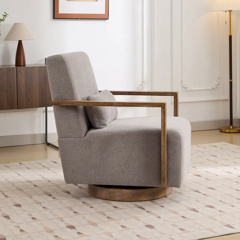 Mid-Century Boucle Upholstered Swivel Armchair With Pillow