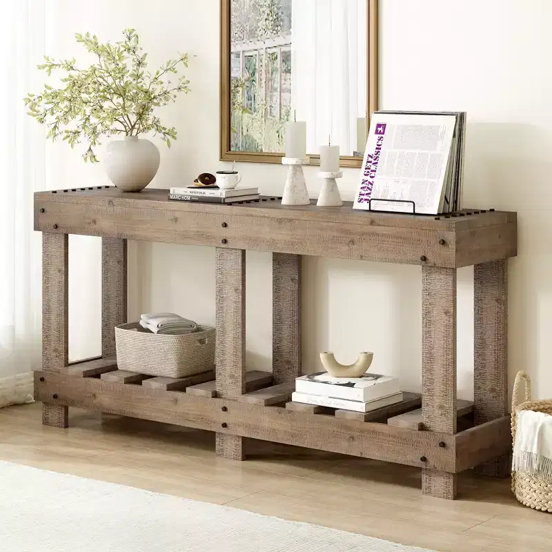 Vintage Console Table with Bottom Shelf & 6 Legs, 63 Inch Long Entryway Sofa Table with Metal Rivet Decor for Hallway Living Room