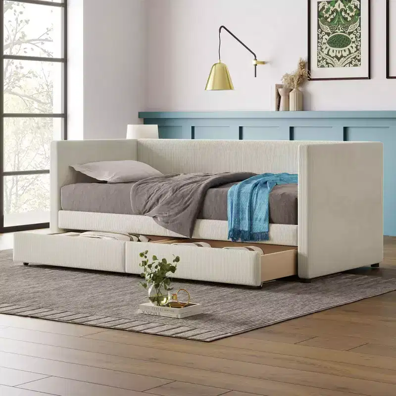 Dual Purpose: Stylish Twin Daybed with Corduroy Upholstery and Drawers