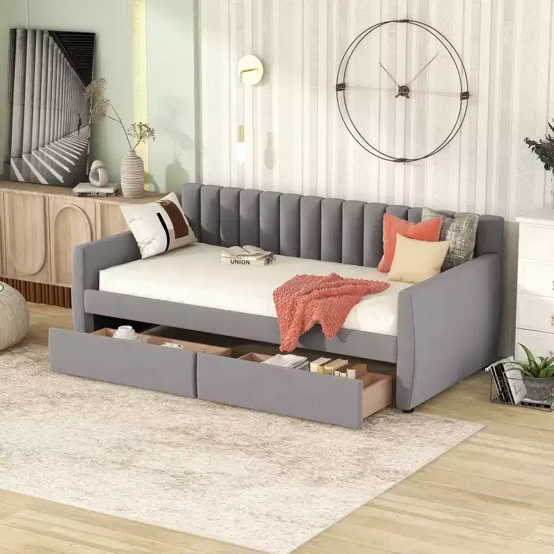 Twin Size Upholstered daybed with Drawers Wood Slat Support Gray