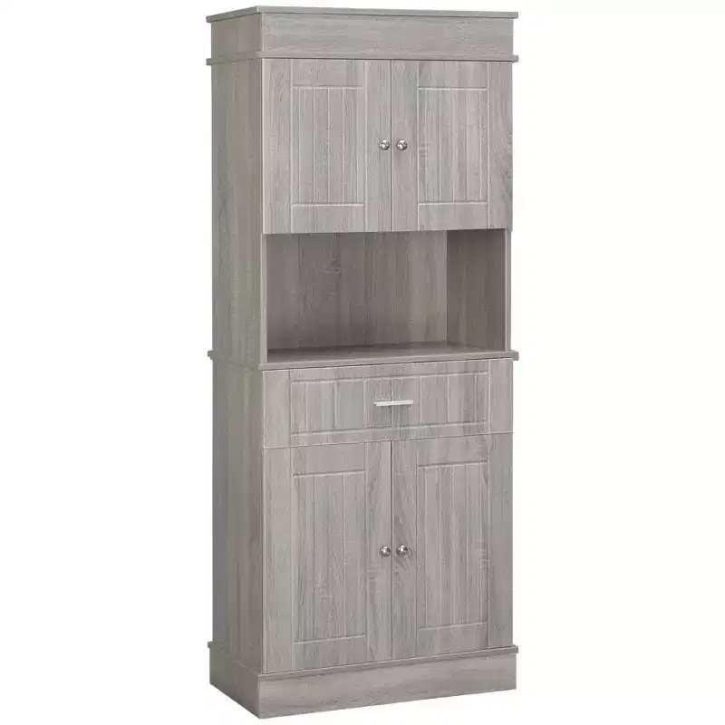 HOMCOM 72 Kitchen Buffet with Hutch, Freestanding Pantry Cupboard with Utility Drawer, Anti-tipping 2 Door Cabinets and Countertop, Gray Wood Grain