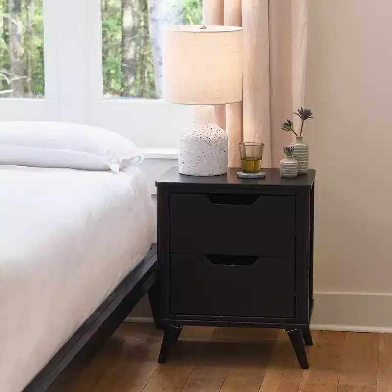 Mid Century Modern Solid Wood Nightstand with 2 Storage Drawers