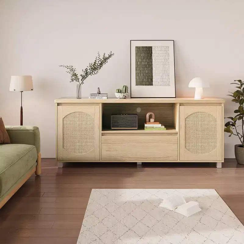 Rattan Door TV Stand with Drawer, Open Shelf and Side Cabinets, Fits TVs up to 70 Inch