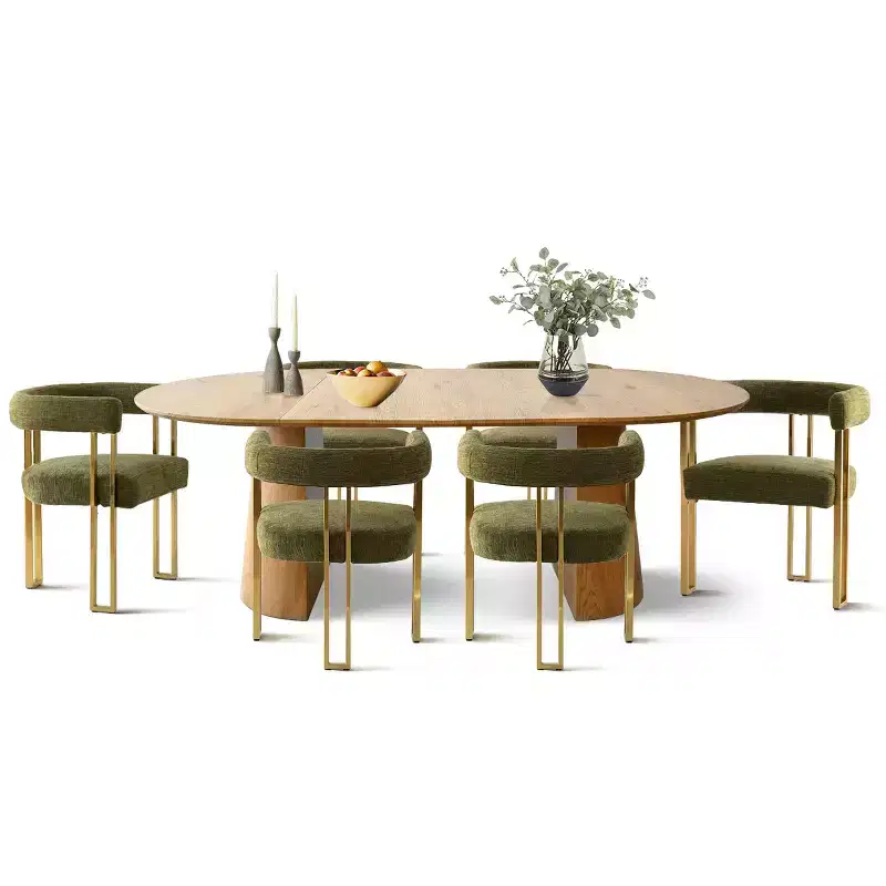 3-in-1 Oval Extendable Dining Table Set with 6 Chenille Upholstered Chairs Featuring Gold Metal Legs, Versatile Dining Furniture-Panipeachy