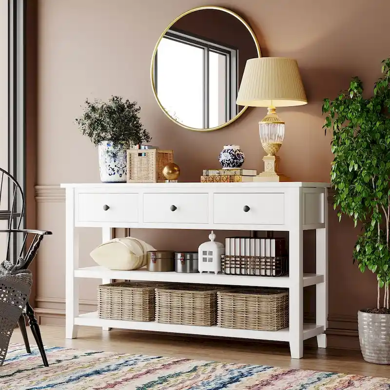 Pine Solid Wood Console Table with Two Open Shelves
