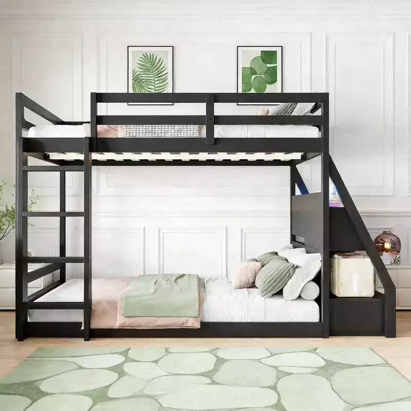 Luxystar Full Bunk Bed with Storage Shelves, 2 Drawers and Lights