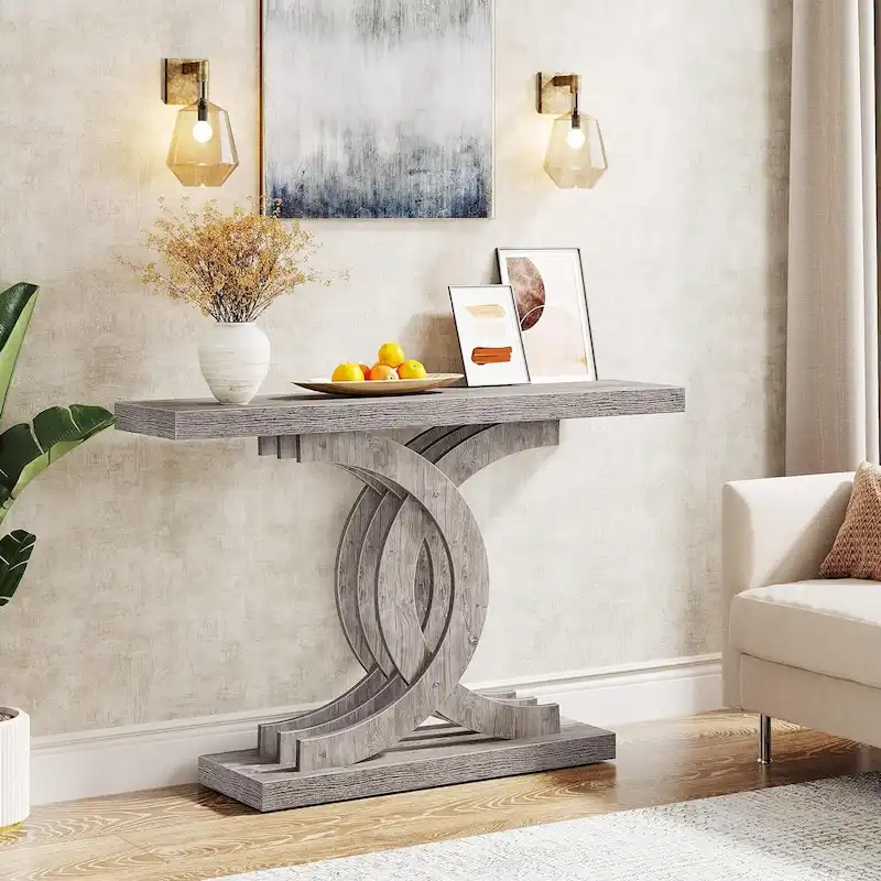 Farmhouse Wood Console Tables with Geometric Base for Entryway
