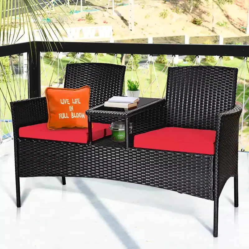 Costway Patio Rattan Conversation Set Seat Sofa Cushioned Loveseat Glass Table Chair Red\Turquoise