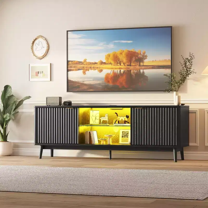 TV Stand,Entertainment Center for 75 TV, Fluted Media Console with Adjustable Shelves,Black Living Room Furniture