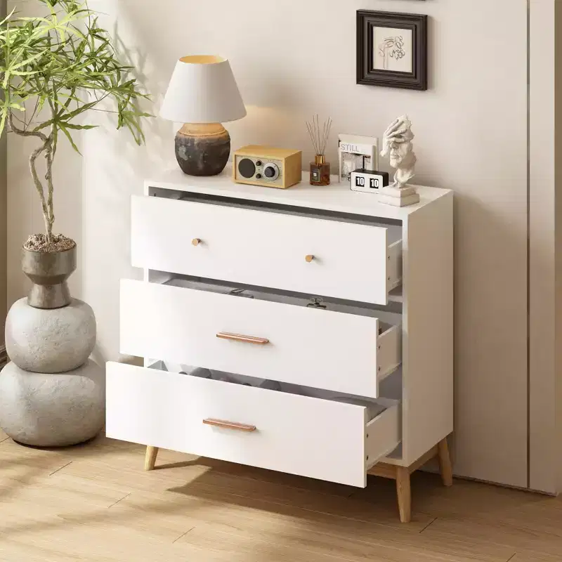 Nordic White 3-Drawer Storage Cabinet – Rose Gold Handles & Solid Wood Base