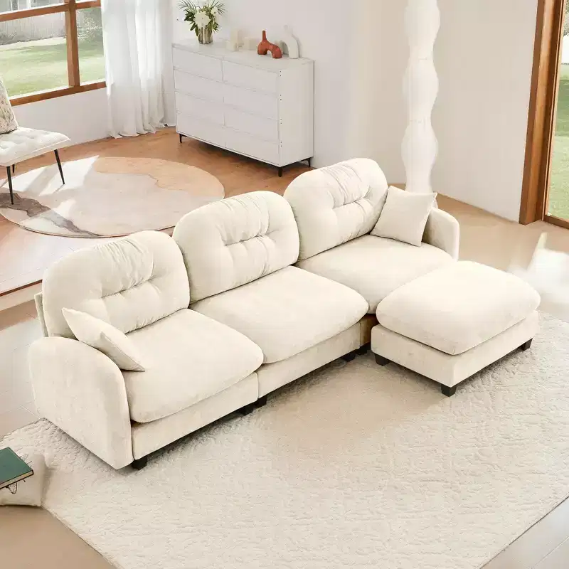 3-Seater Beige Modular Chenille Fabric Sectional L Shaped Couch With Ottoman for Living Rooms