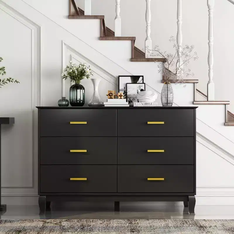 6-Drawer Double Dresser Chest of Drawers, Black with Gold Handles, 47in Wide