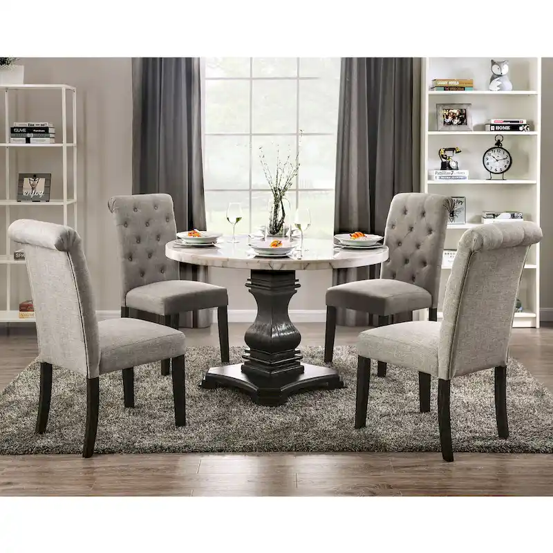Brec Farmhouse Marble Top 5-Piece Round Dining Table Set with Tufted Chairs by Furniture of America