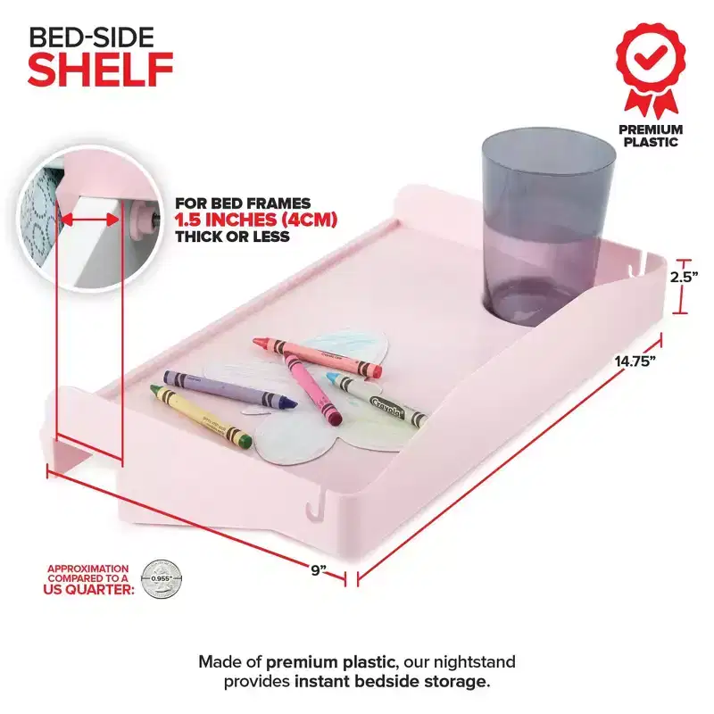 Bedside Shelf with Cord Slot and Cup Holder, Clip-On Bed Frame Tray, Pink, No Tools Required