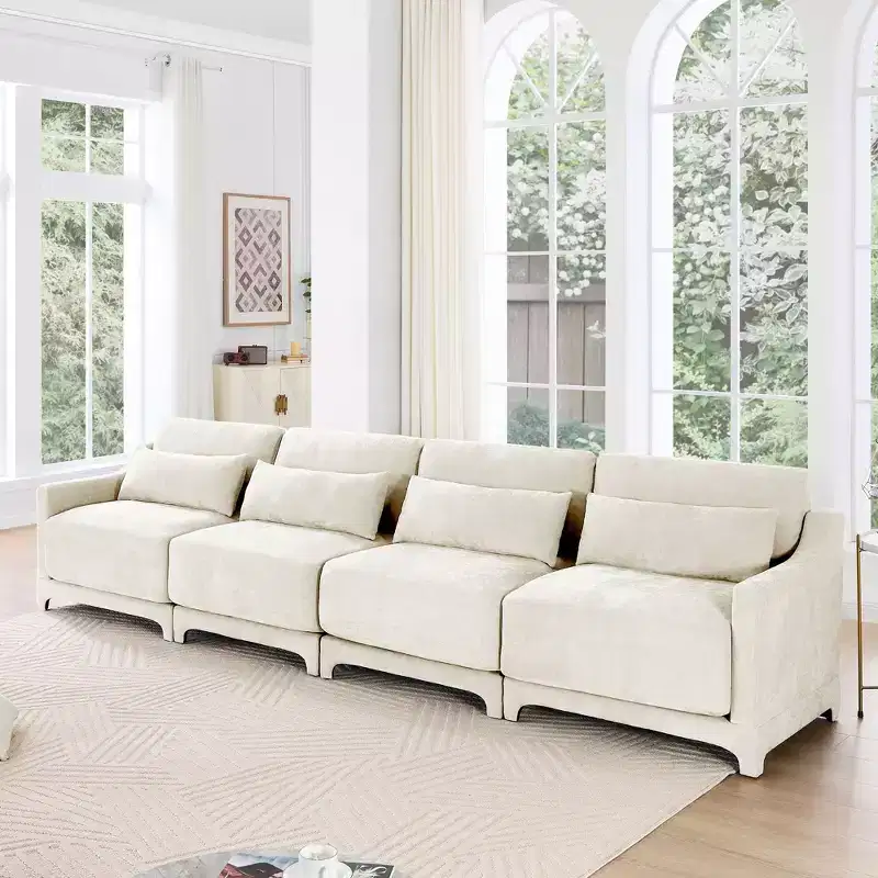 4-Seater Solid Wood Frame Chenille Beige Sofa with Lumbar Pillow High Resilience Sponge Easy Install