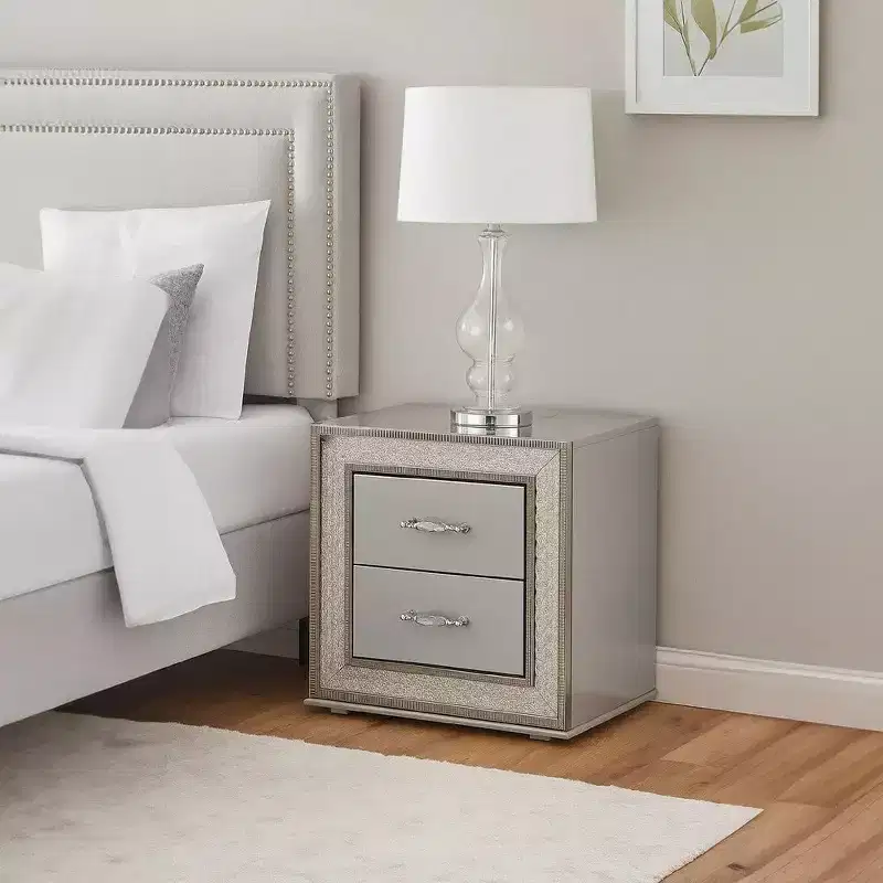 Nightstand with 2 Drawers, Scale Molding Trim, Metallic Gray Wood