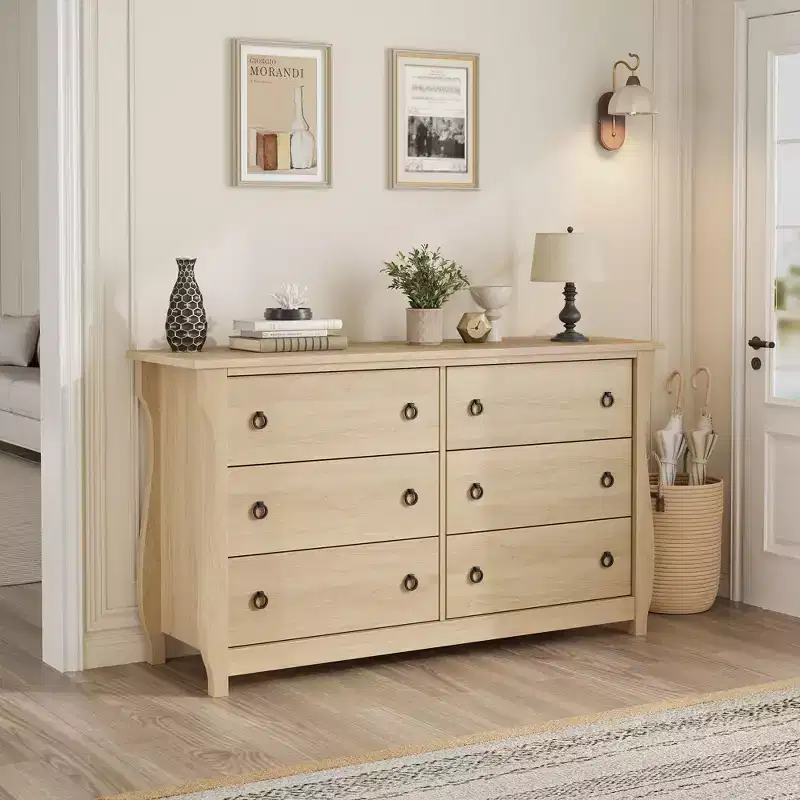 Wood 7-Drawer Dresser - Tall Boho Dresser with Curved Legs, Rattan Accents, and Freestanding Storage