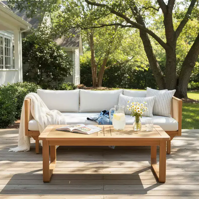 Christopher Knight Home Caleb Patio Modern Acacia Wood 2-Piece Rope 3-Seater Sofa Set with Cushions and Coffee Table