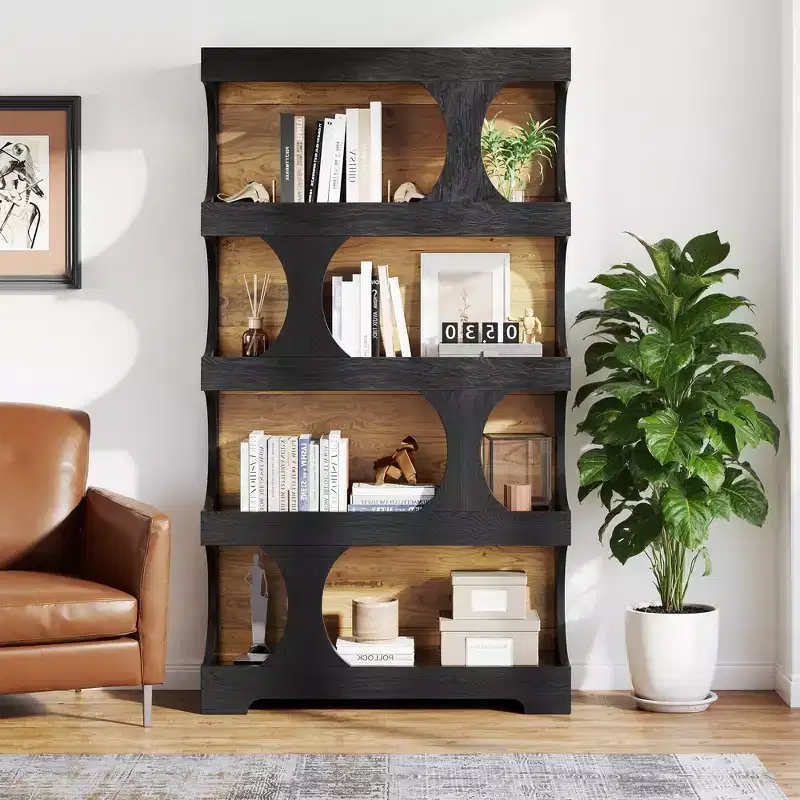 4-Tier S-Shaped Tall Bookcase Modern Black & Brown Two-Tone Classic Design