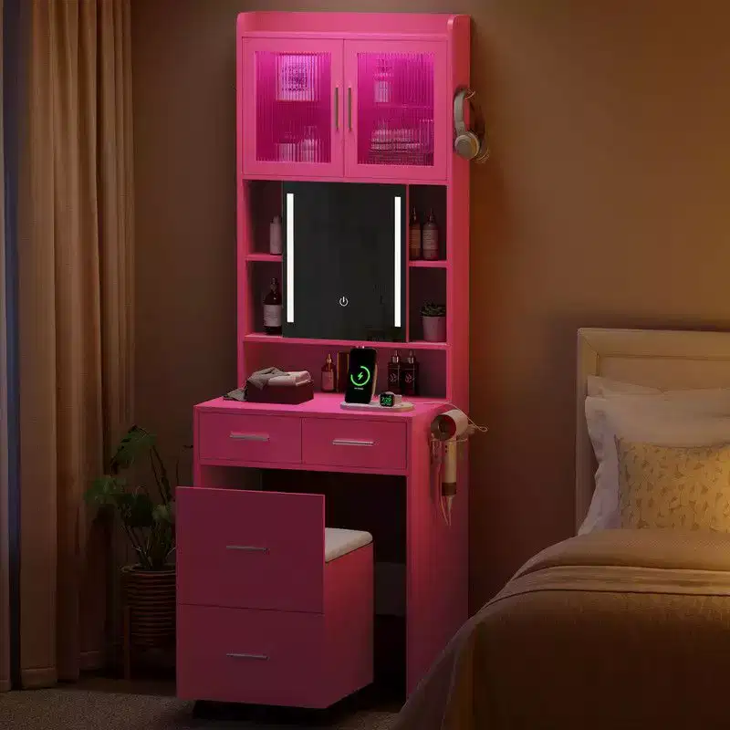 Pink Particle Board with Textured Melamine Finish, 3-Drawer 2-Door Dressing Table