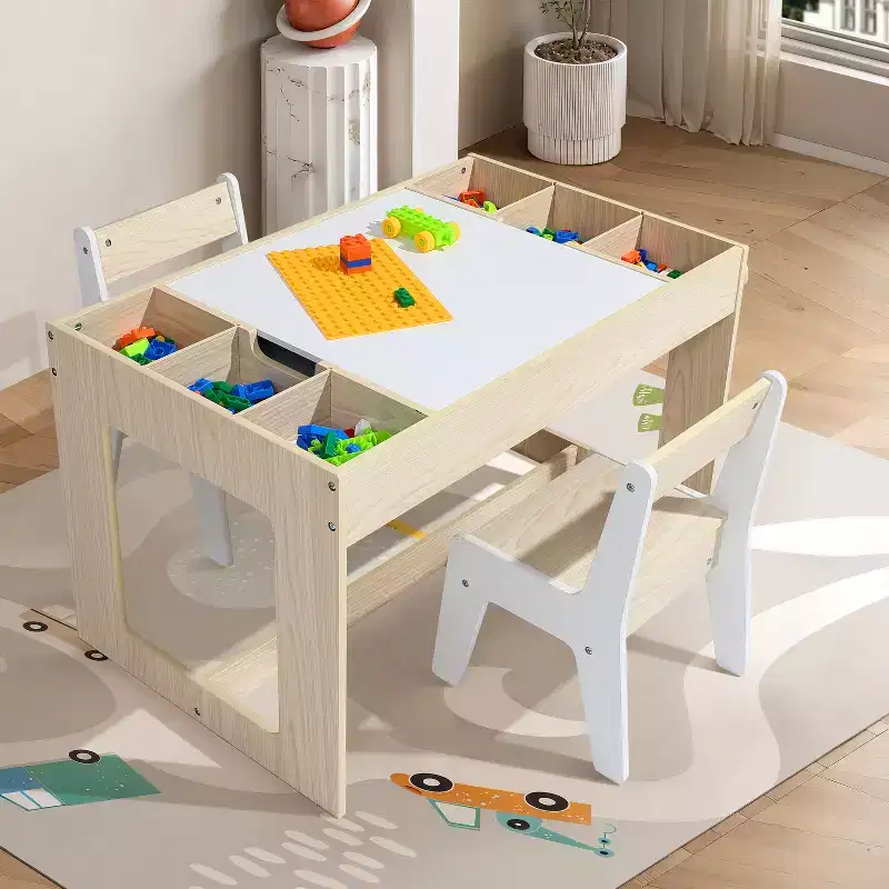 LuxenHome Drawing and Activity Board Children Table with 2 Chairs Set Brown