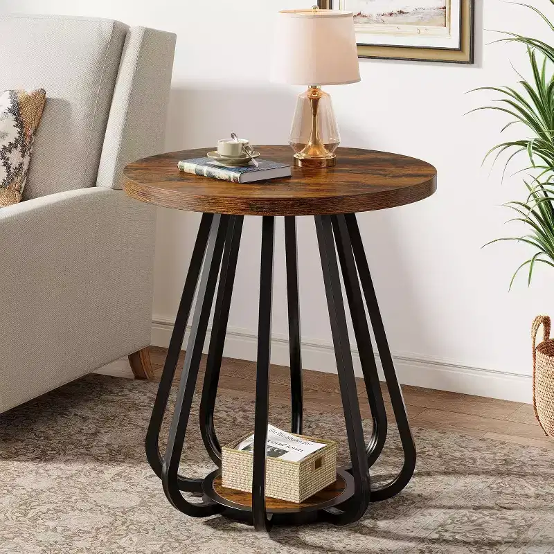 2-Tier Small Round Side Table with Metal Frame and Lower Shelf, End Table for Small Spaces, Living Room, Bedroom, Vintage Brown & Black