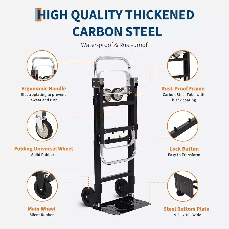 2 in 1 Convertible Hand Truck Dolly, 660 LBS Load Capacity Folding Cart with Wheels,Elastic Straps,Carbon Steel Collapsible Dolly Cart for Warehouse